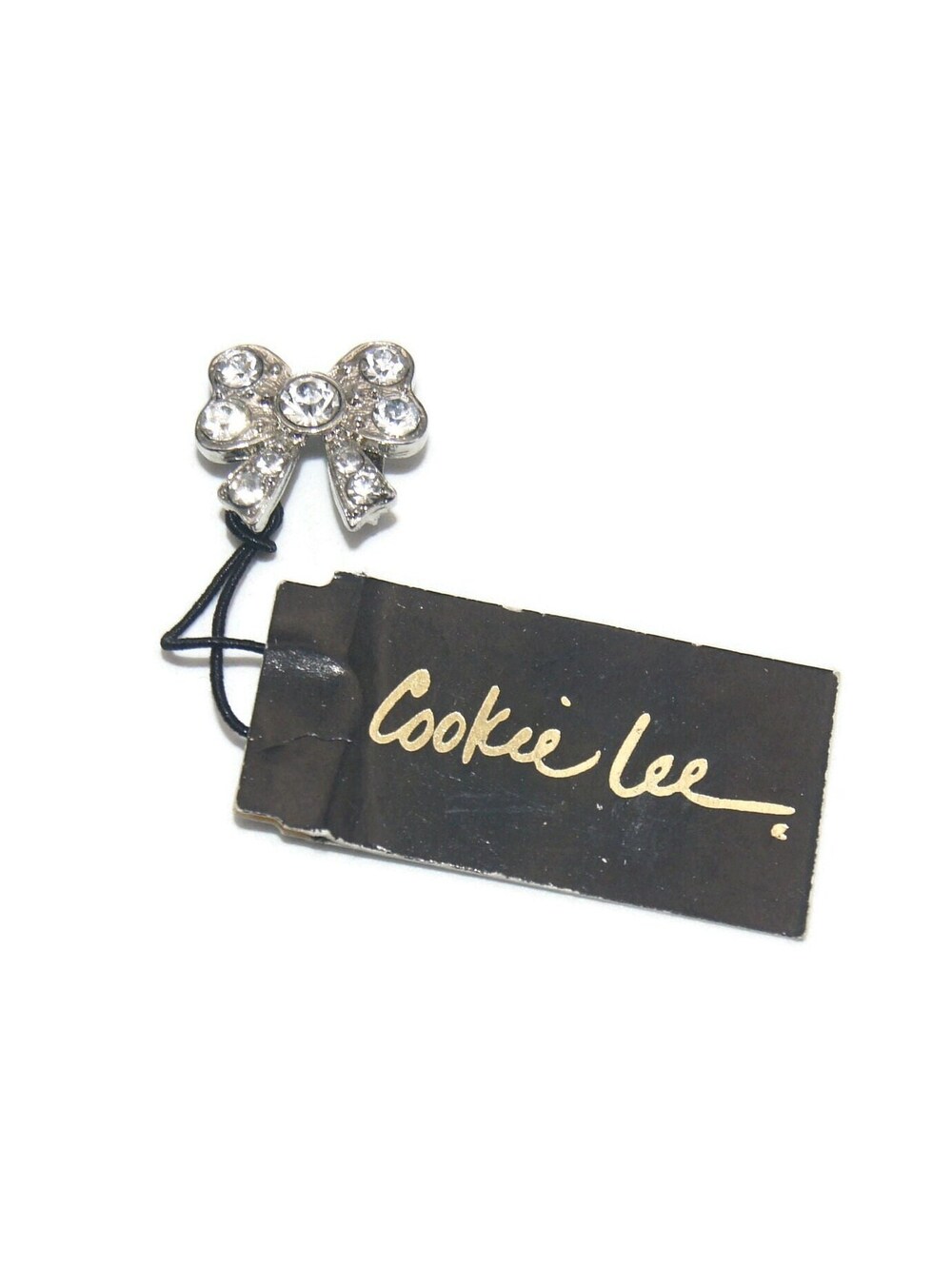 Vintage Cookie Lee Silver Tone & Clear Crystals Bow Slide Pendant. New with Tag.